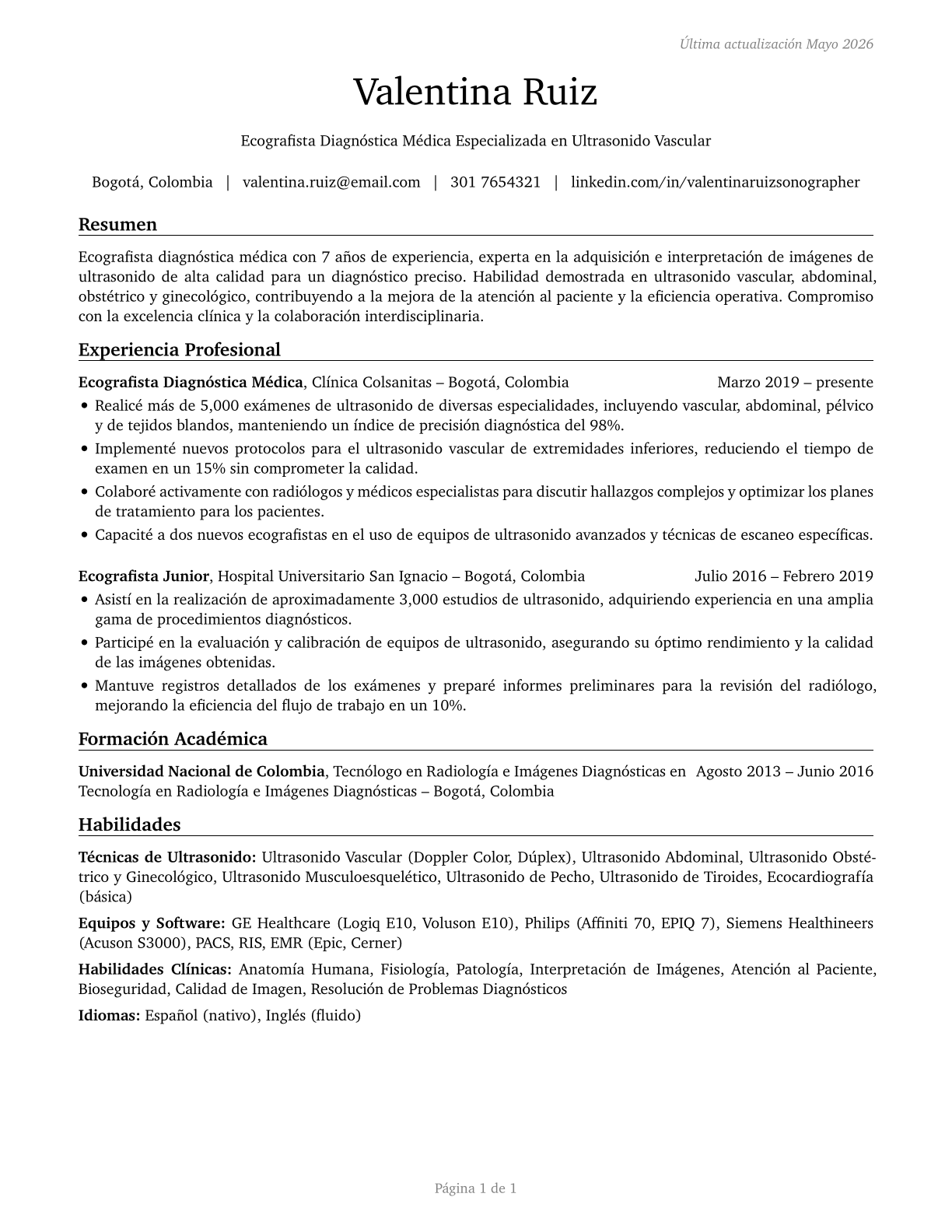 Diagnostic Medical Sonographers CV in Spanish — page 1