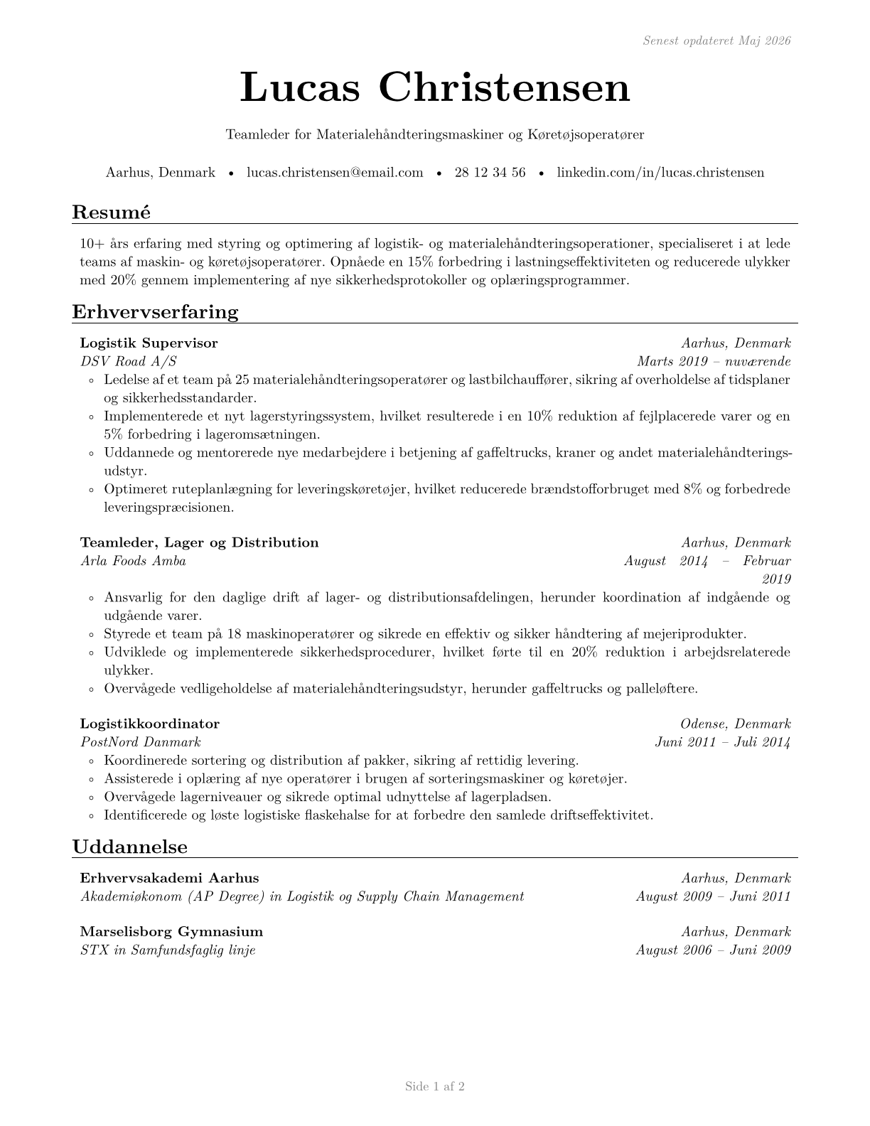 First-Line Supervisors of Material-Moving Machine and Vehicle Operators CV in Danish — page 1