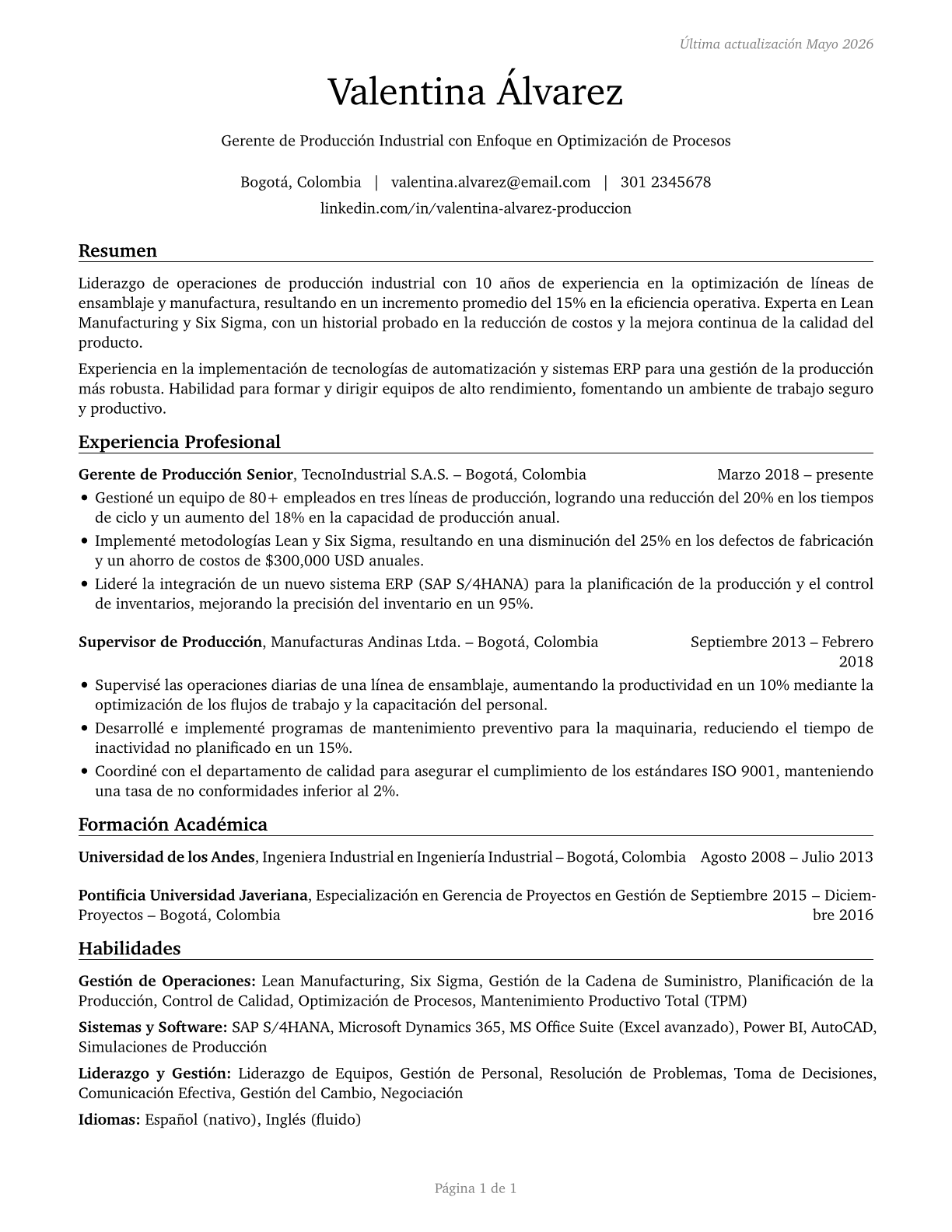 Industrial Production Managers CV in Spanish — page 1