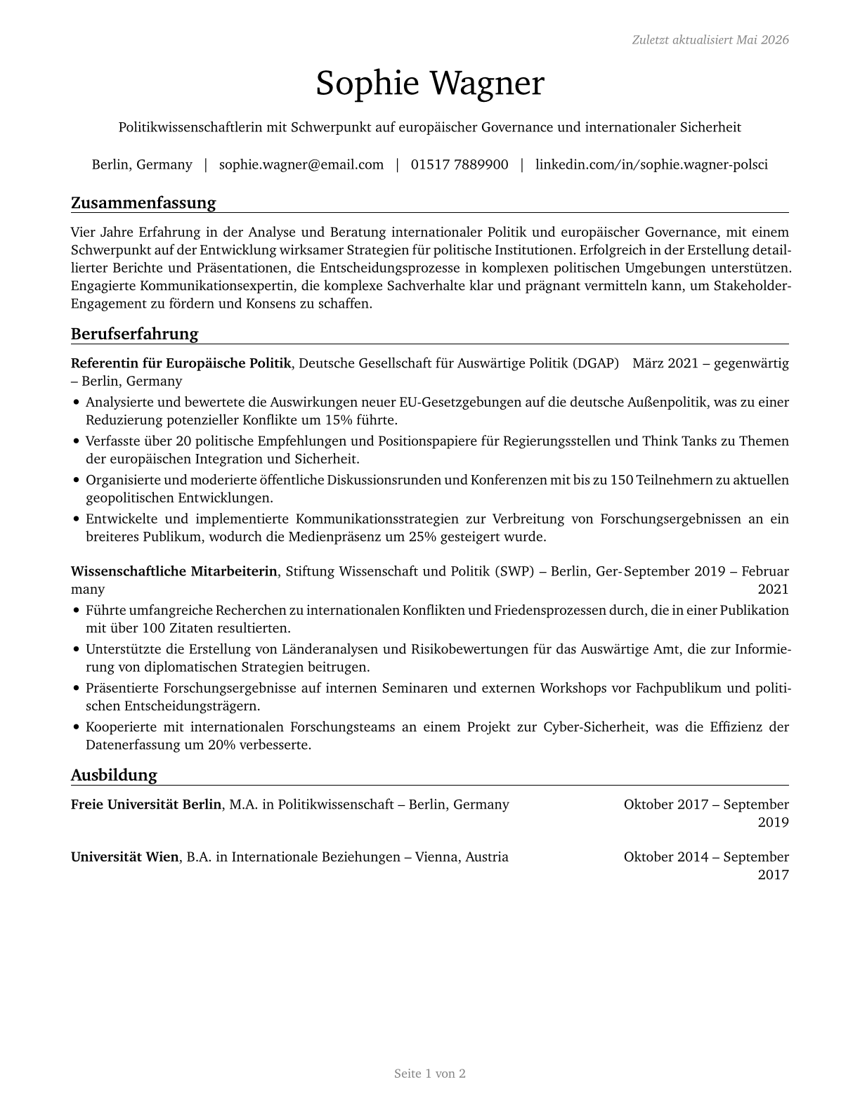 Political Scientists CV in German — page 1
