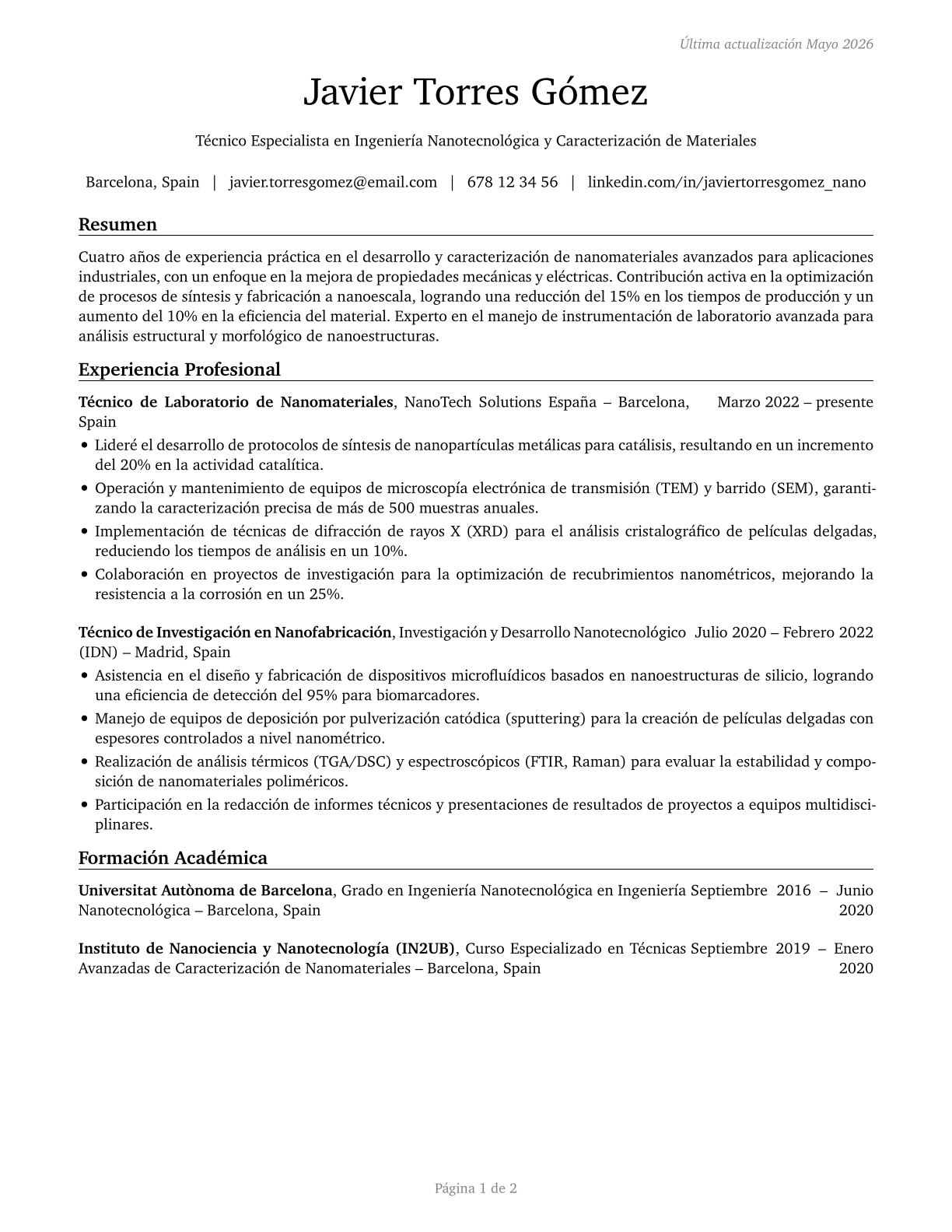 Nanotechnology Engineering Technologists and Technicians CV in Spanish — page 1