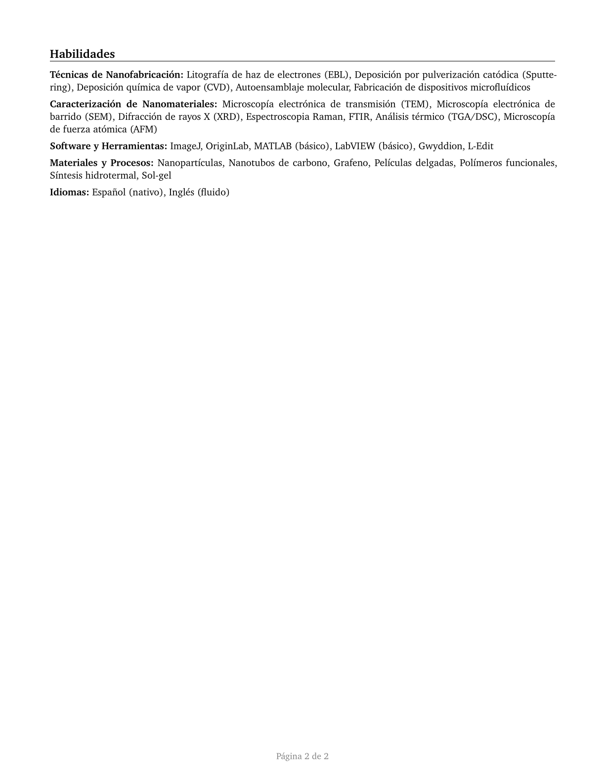 Nanotechnology Engineering Technologists and Technicians CV in Spanish — page 2