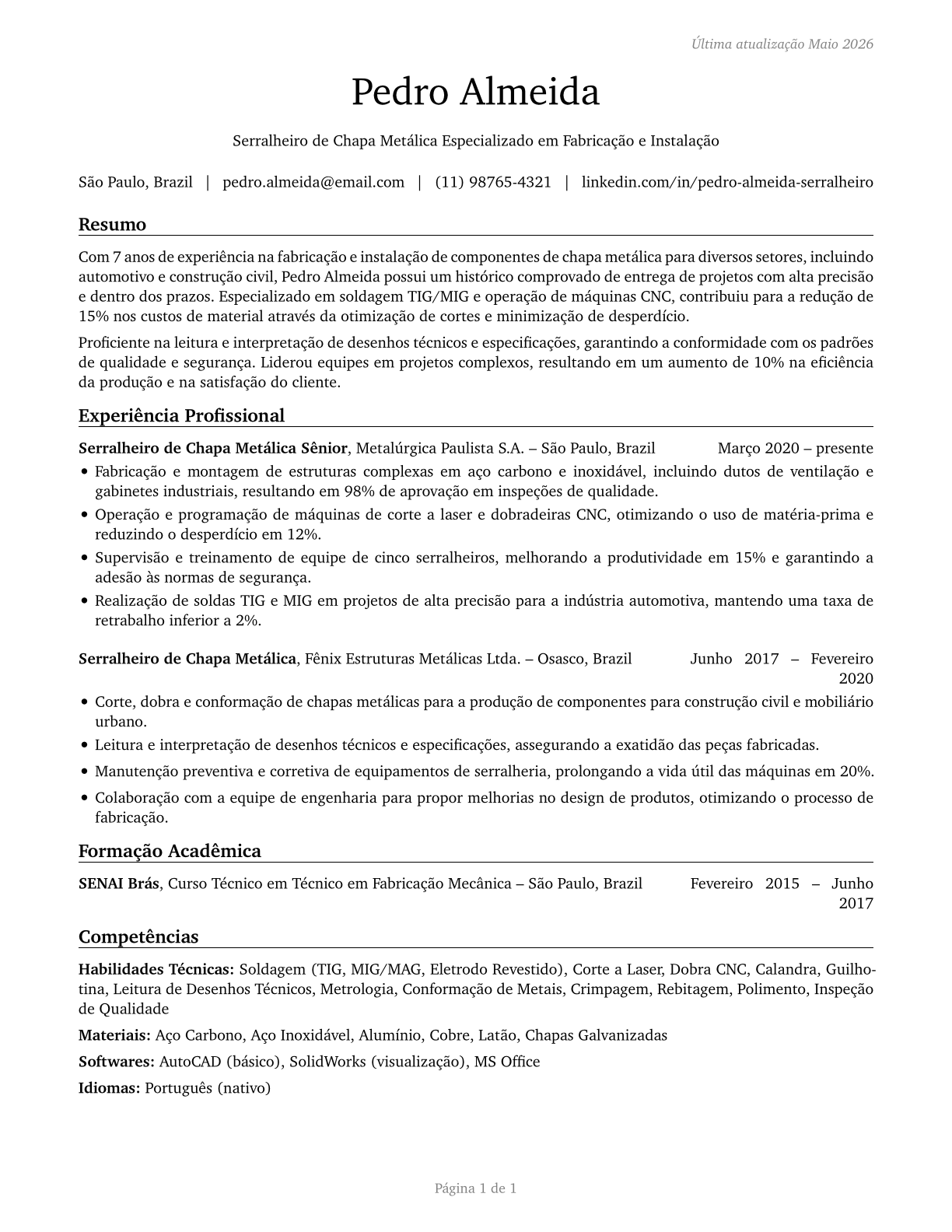 Sheet Metal Workers CV in Portuguese — page 1