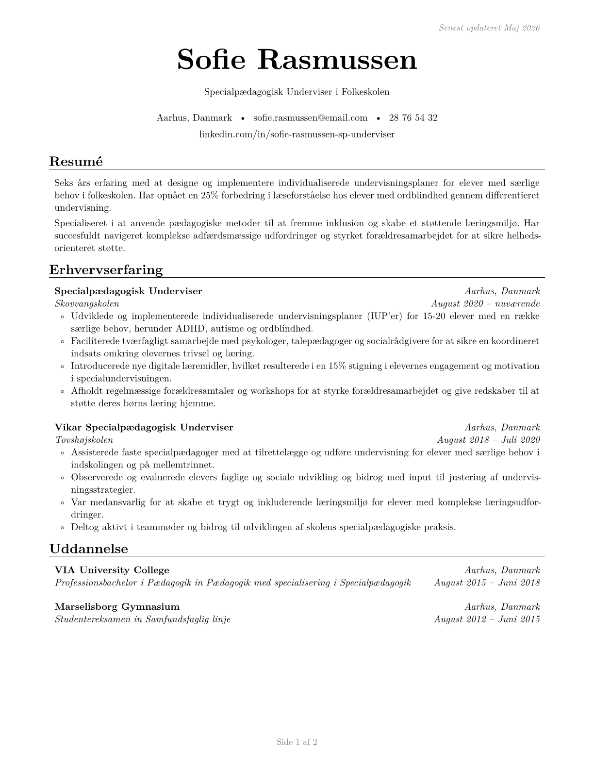 Special Education Teachers, Elementary School CV in Danish — page 1