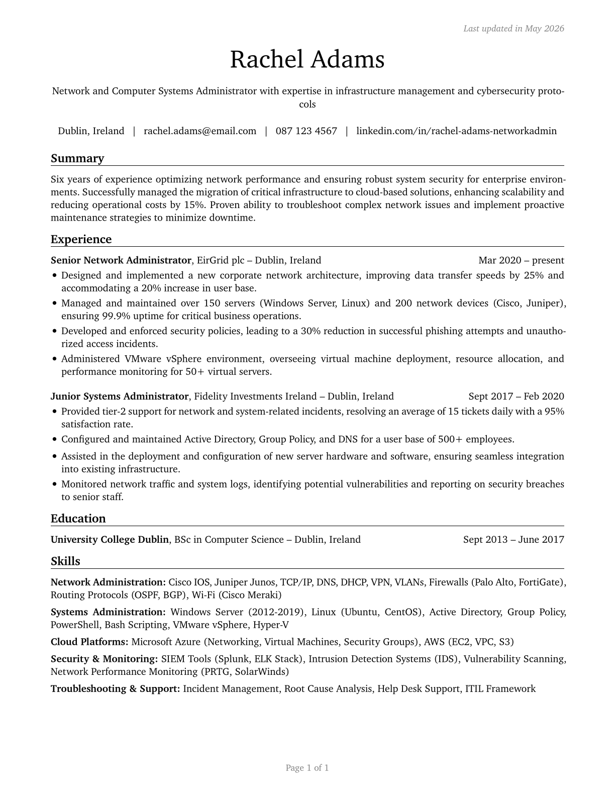Network and Computer Systems Administrators CV in English — page 1