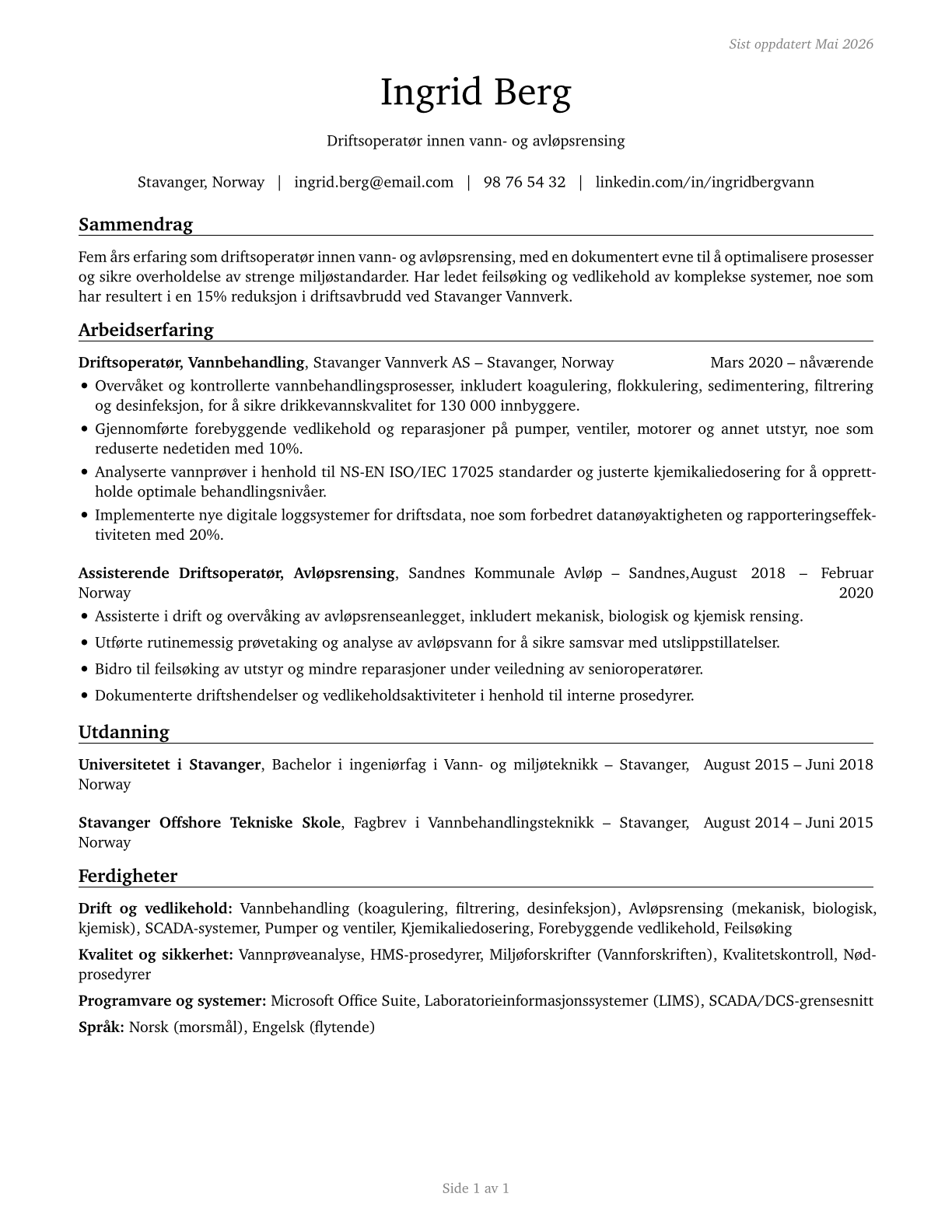 Water and Wastewater Treatment Plant and System Operators CV in Norwegian_bokmal — page 1