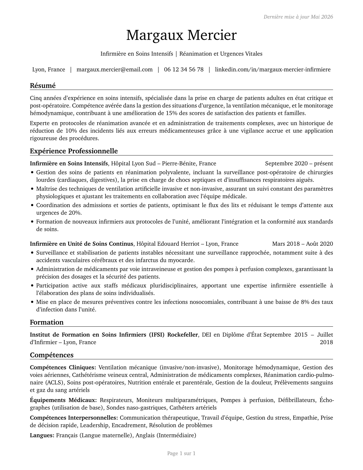Critical Care Nurses CV in French — page 1