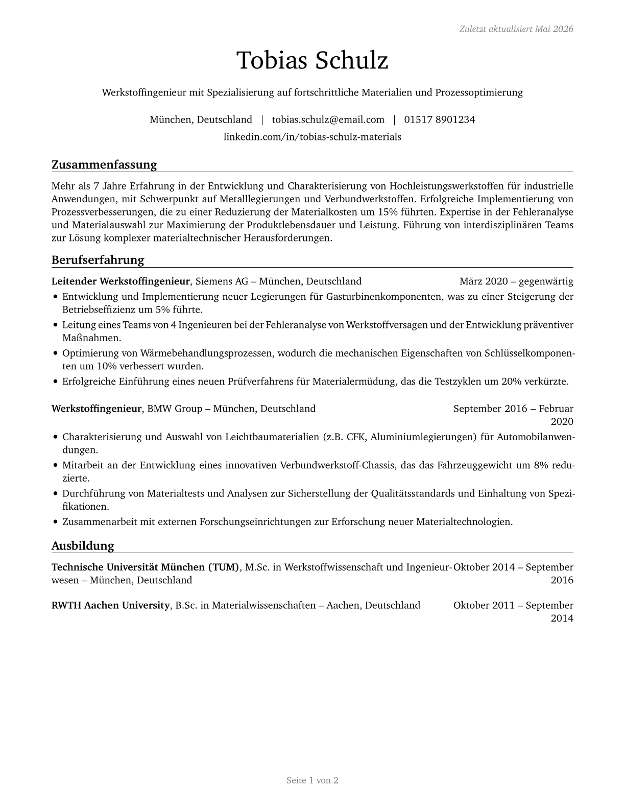 Materials Engineers CV in German — page 1