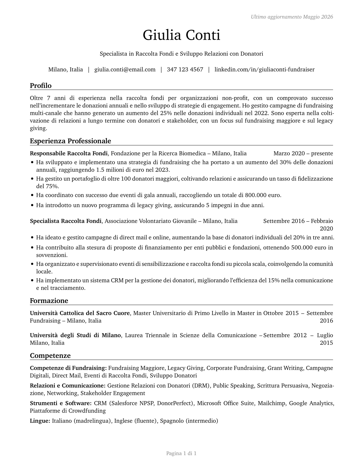 Fundraisers CV in Italian — page 1