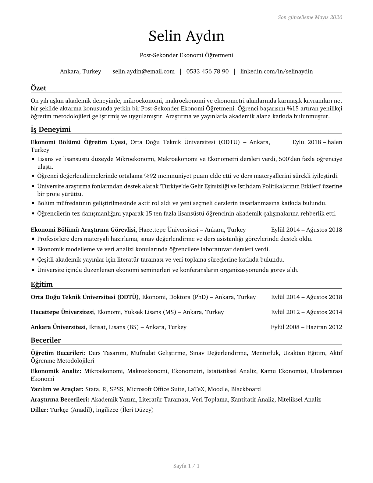 Economics Teachers, Postsecondary CV in Turkish — page 1