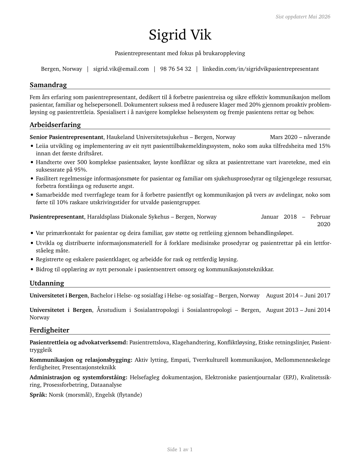 Patient Representatives CV in Norwegian_nynorsk — page 1