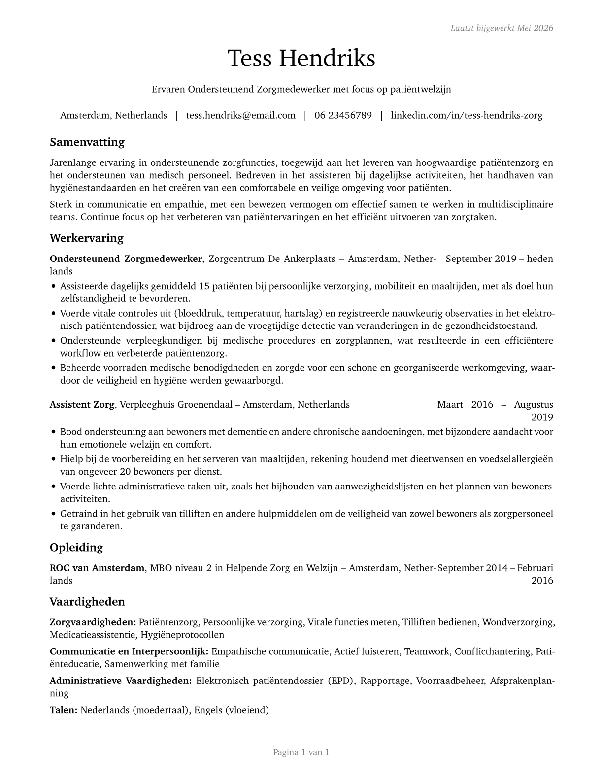 Healthcare Support Workers, All Other CV in Dutch — page 1