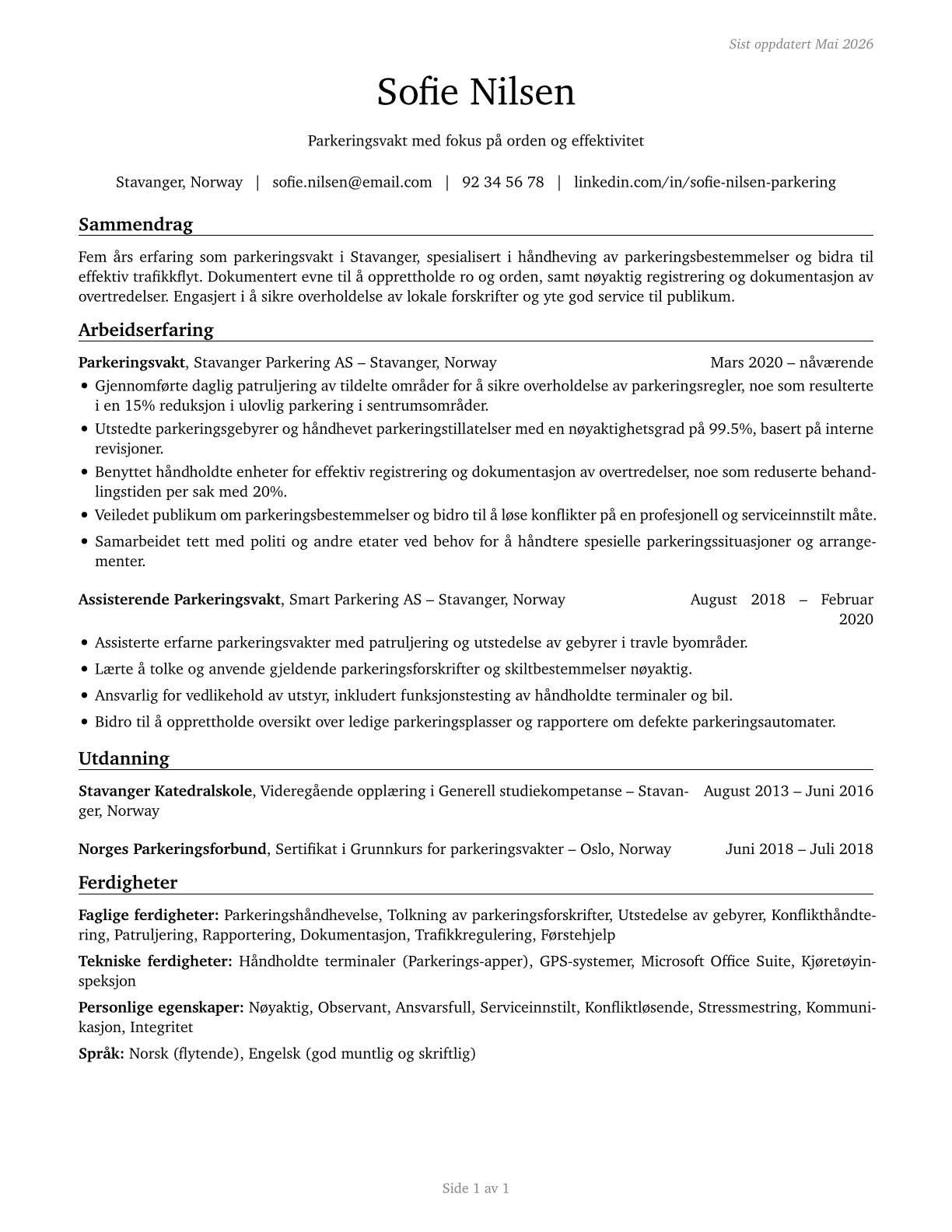 Parking Enforcement Workers CV in Norwegian_bokmal — page 1
