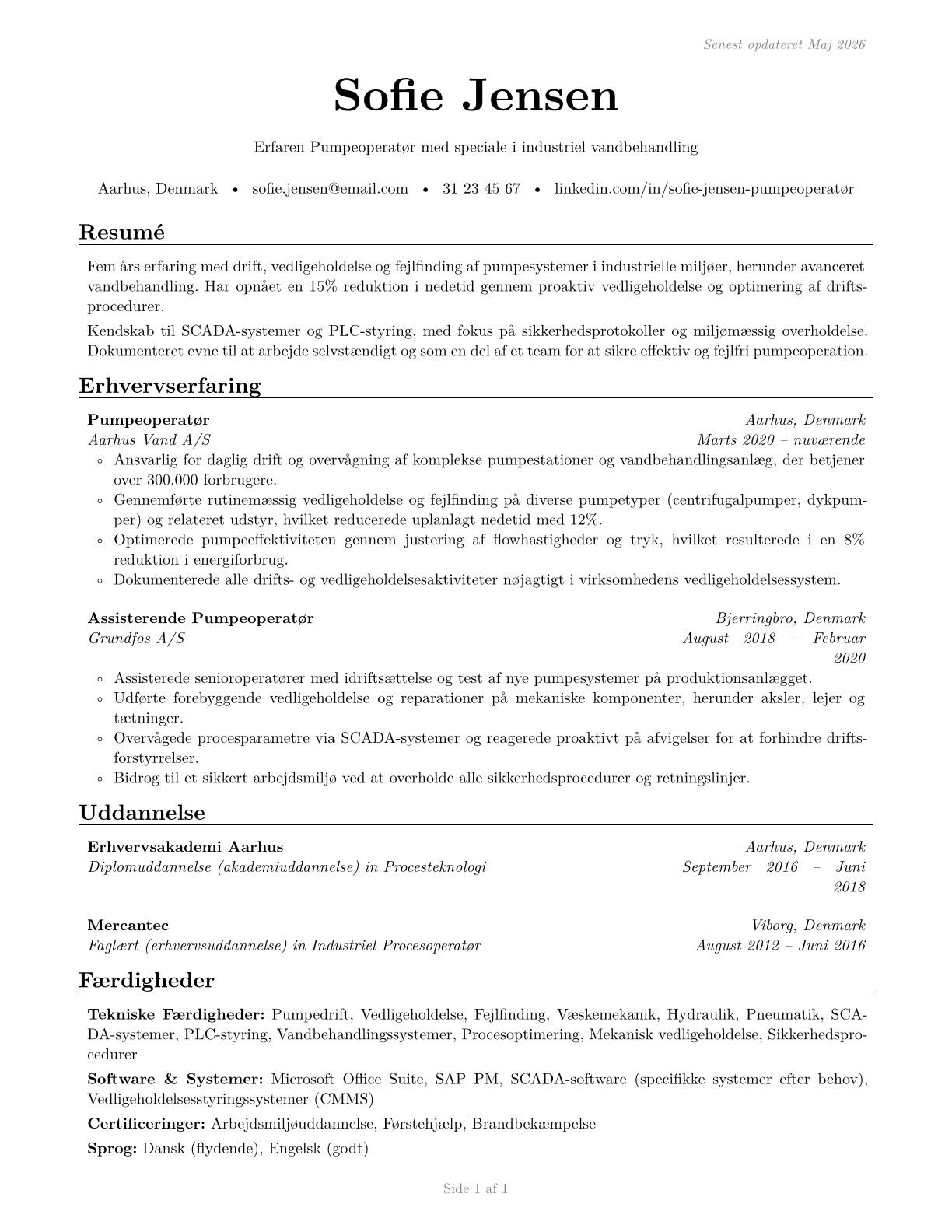Pump Operators, Except Wellhead Pumpers CV in Danish — page 1