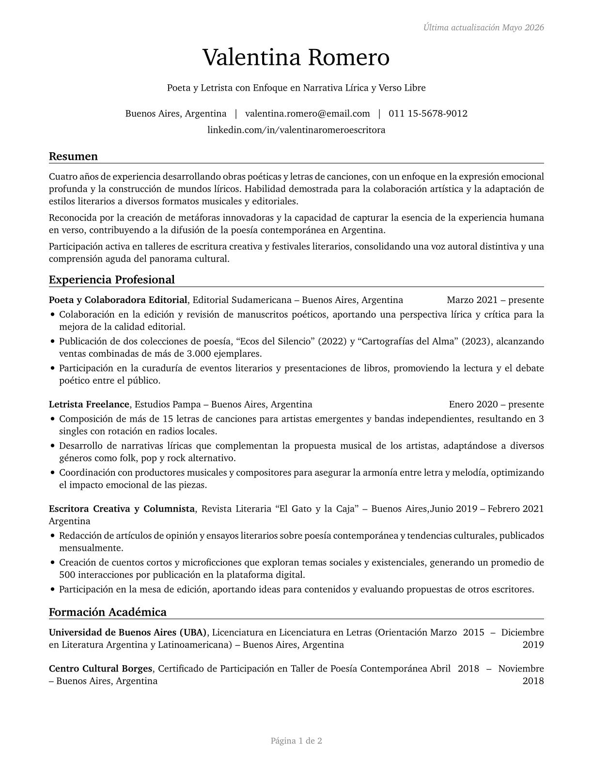 Poets, Lyricists and Creative Writers CV in Spanish — page 1
