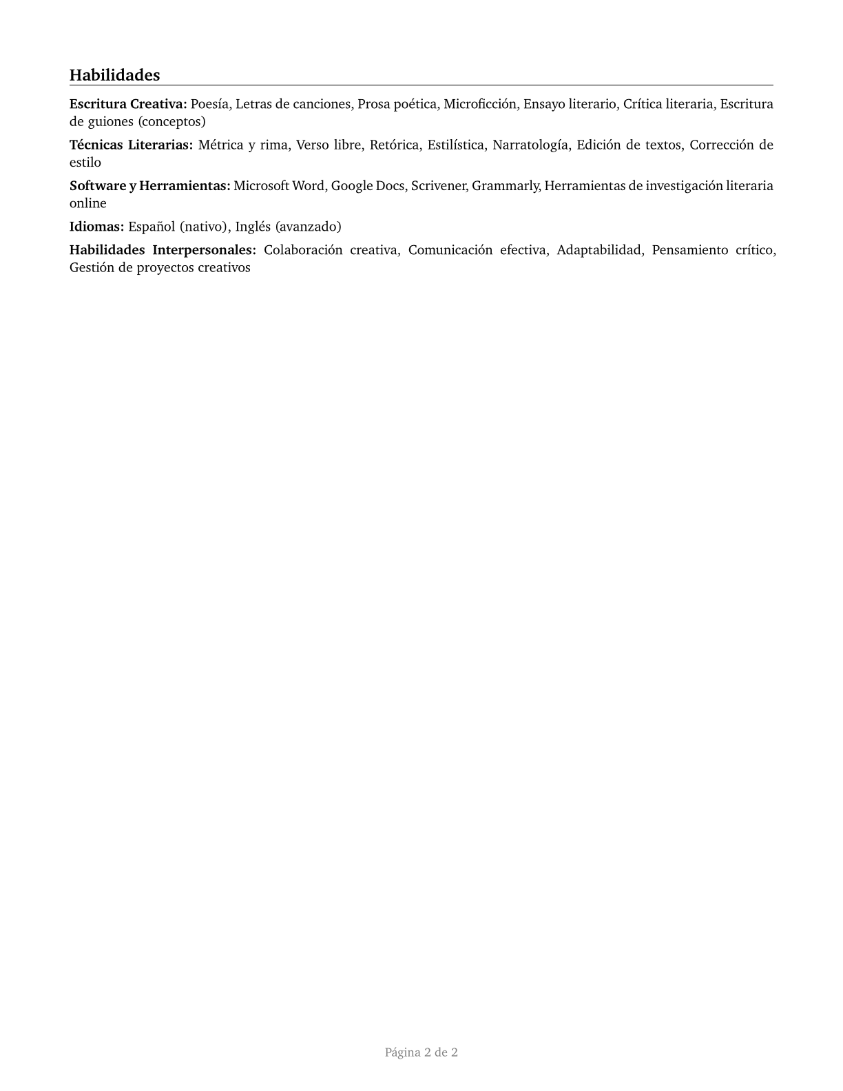 Poets, Lyricists and Creative Writers CV in Spanish — page 2