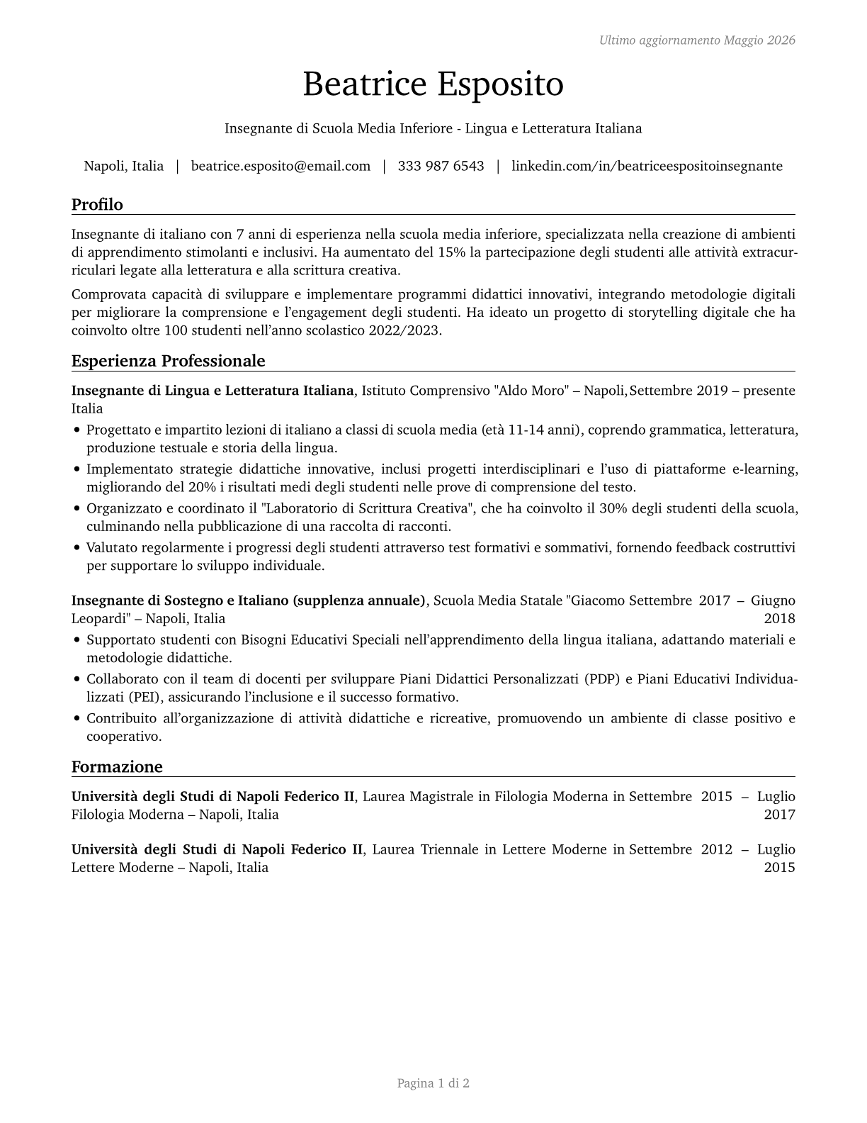 Middle School Teachers, Except Special and Career/Technical Education CV in Italian — page 1