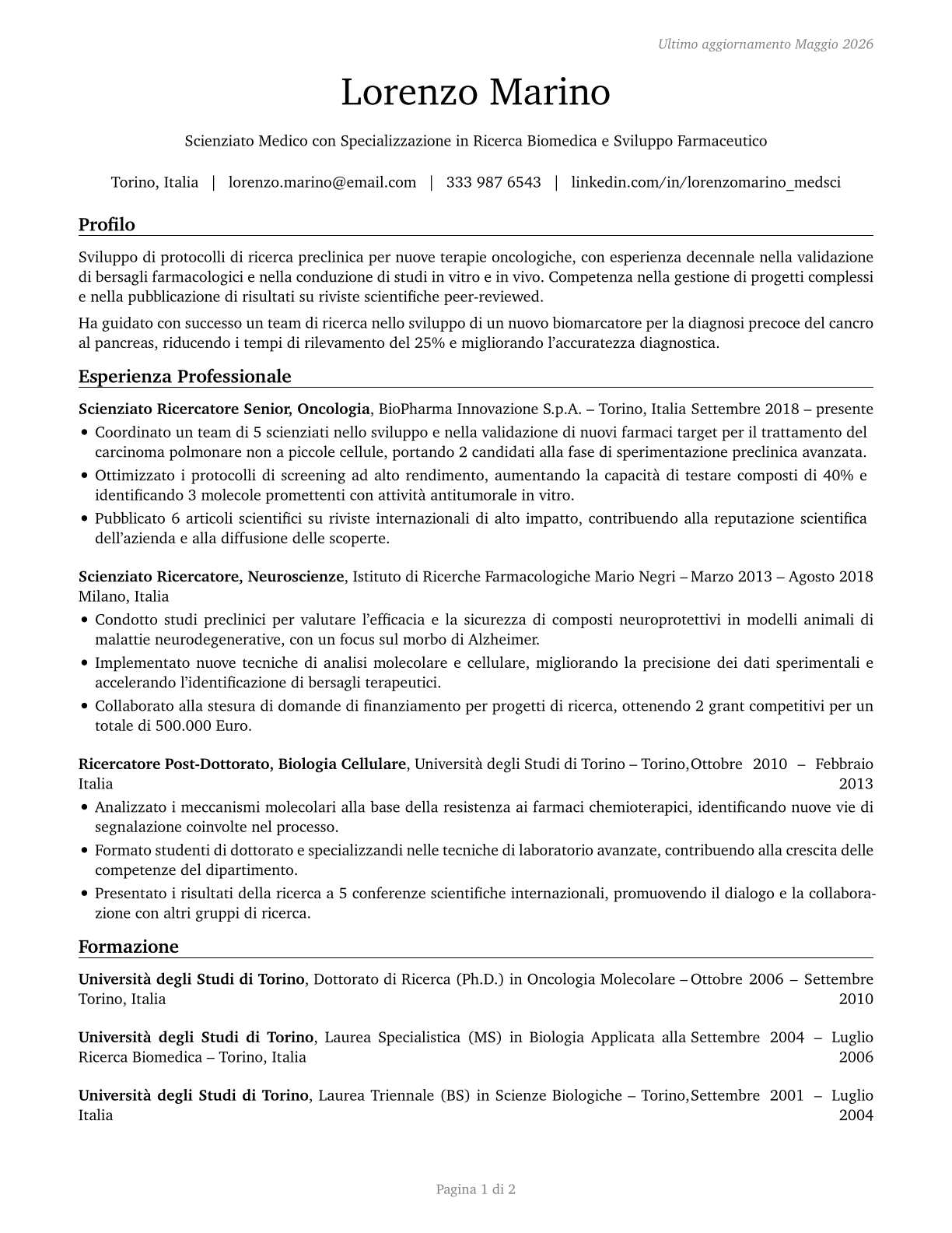 Medical Scientists, Except Epidemiologists CV in Italian — page 1