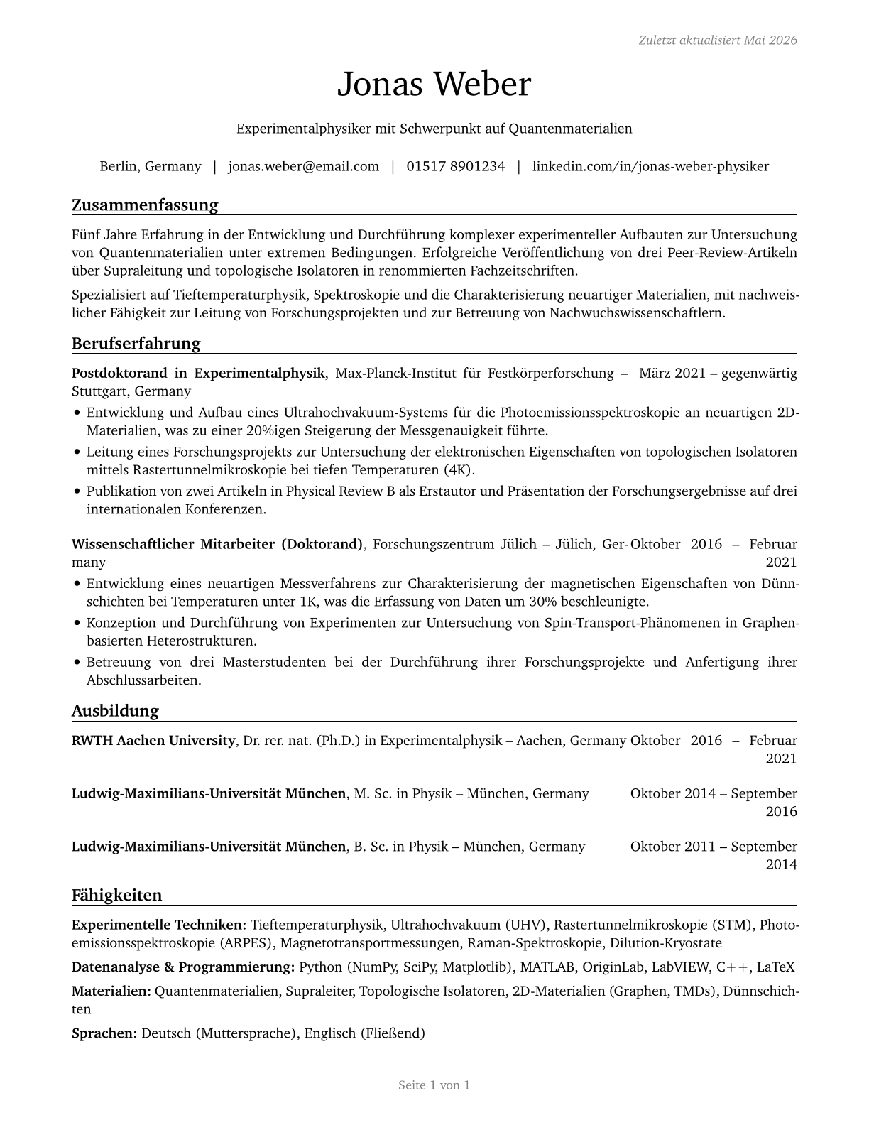 Physicists CV in German — page 1