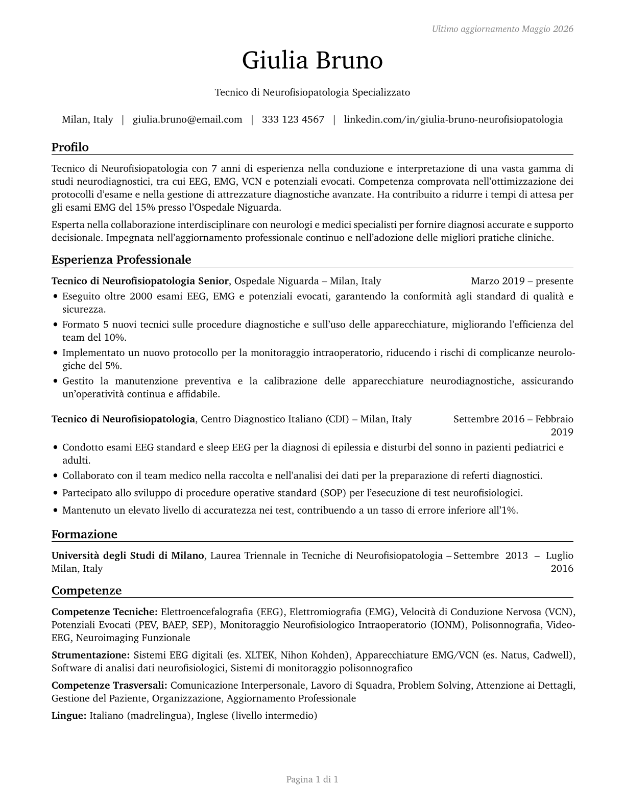 Neurodiagnostic Technologists CV in Italian — page 1