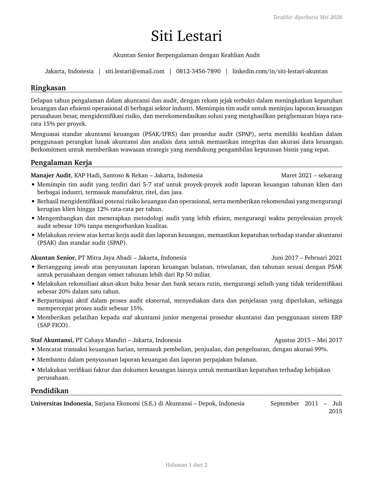 Accountants and Auditors CV in Indonesian — page 1