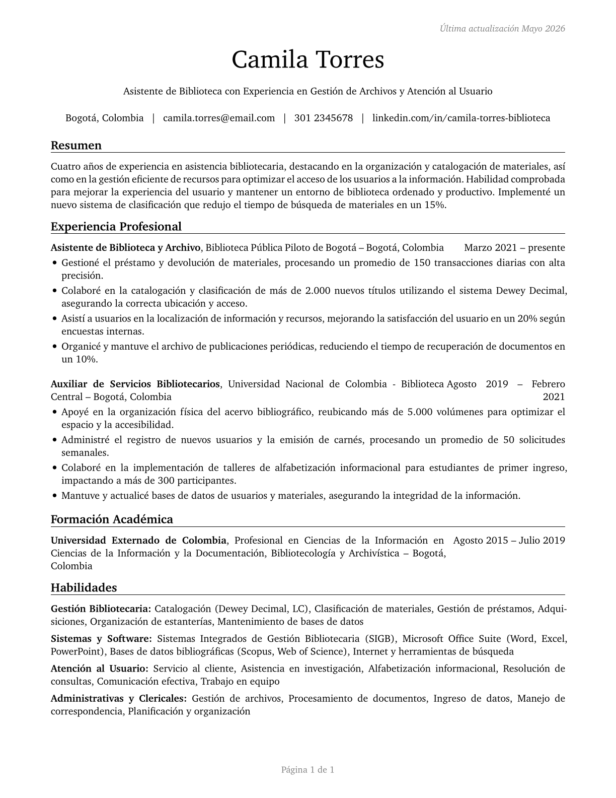 Library Assistants, Clerical CV in Spanish — page 1
