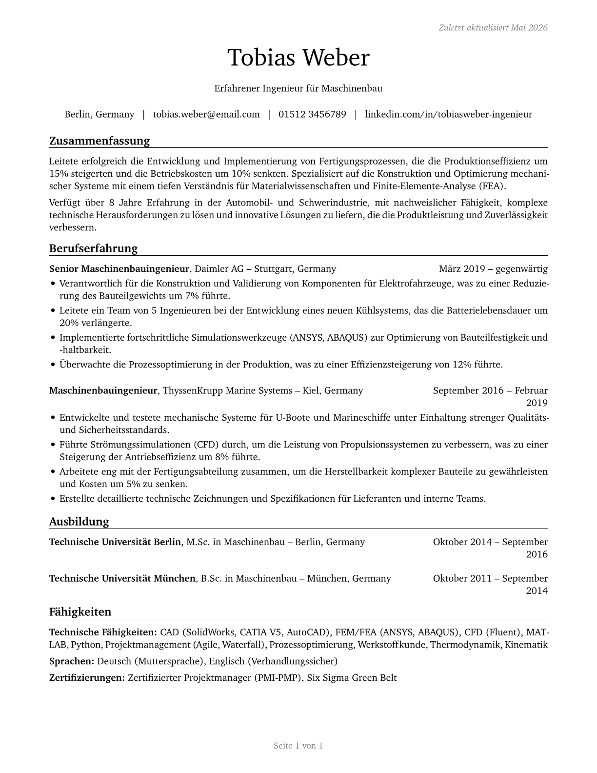 Mechanical Engineers CV in German — page 1