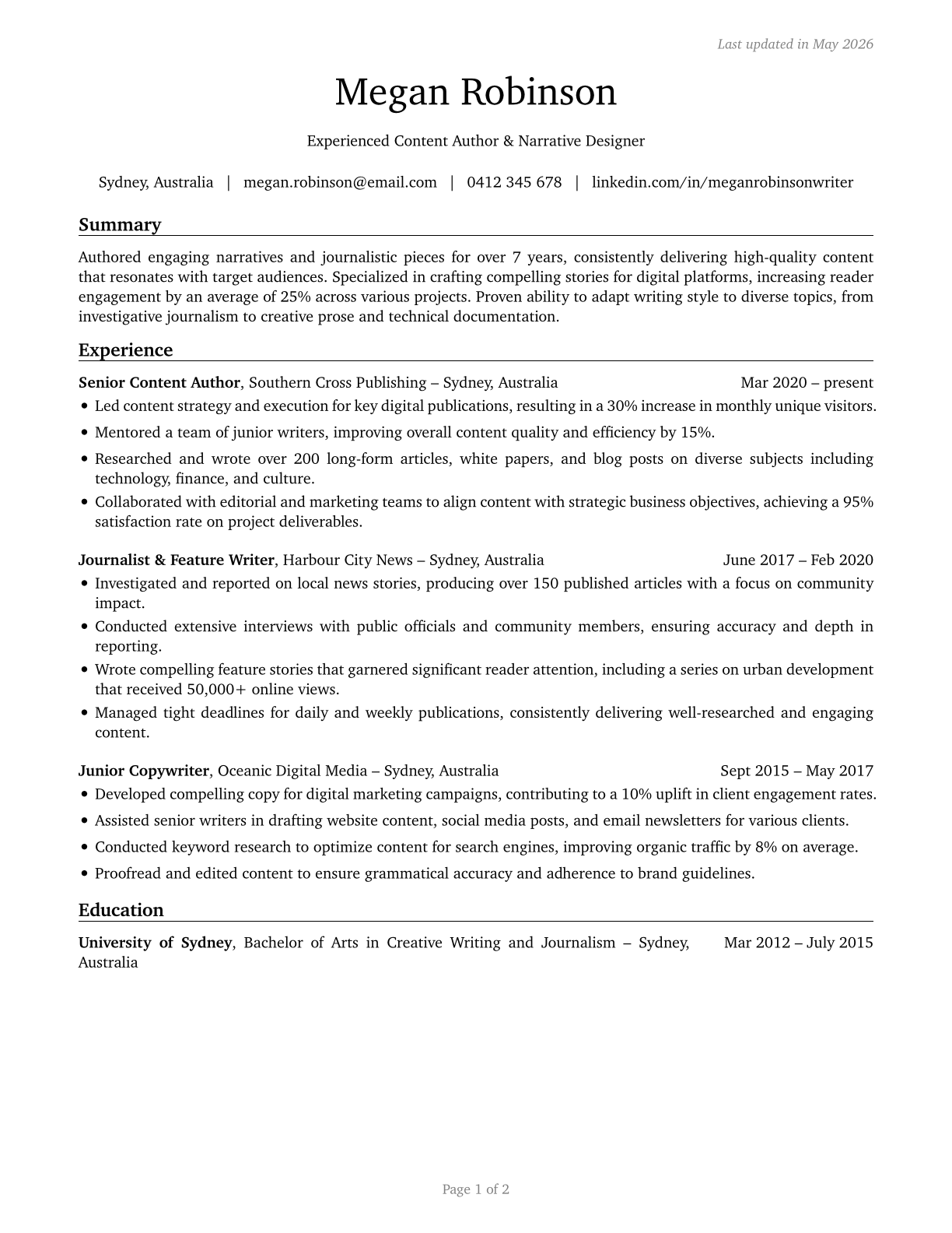 Writers and Authors CV in English — page 1