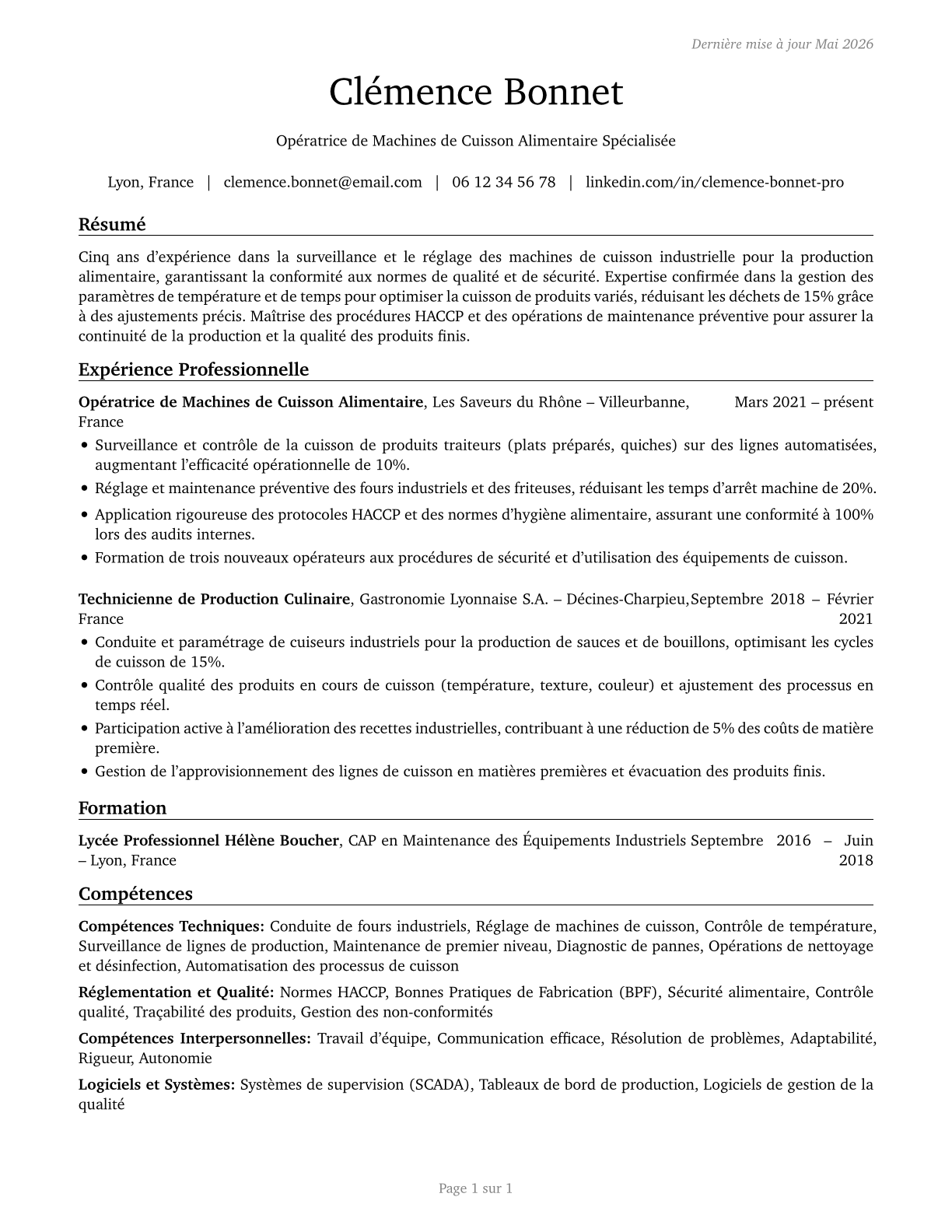 Food Cooking Machine Operators and Tenders CV in French — page 1