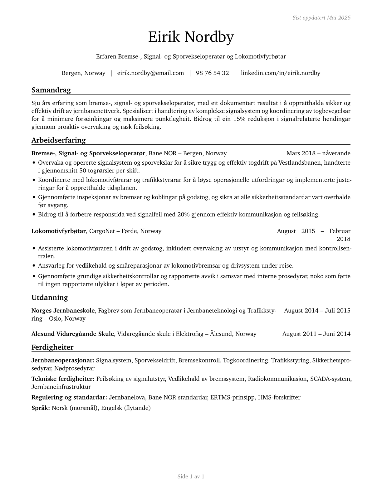 Railroad Brake, Signal, and Switch Operators and Locomotive Firers CV in Norwegian_nynorsk — page 1