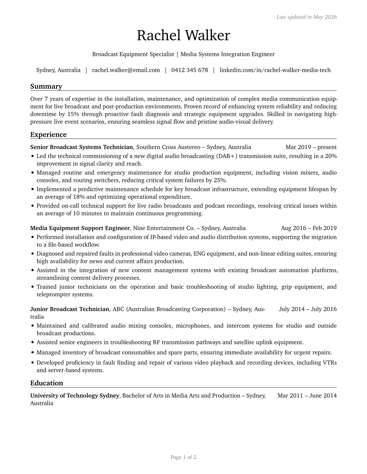 Media and Communication Equipment Workers, All Other CV in English — page 1
