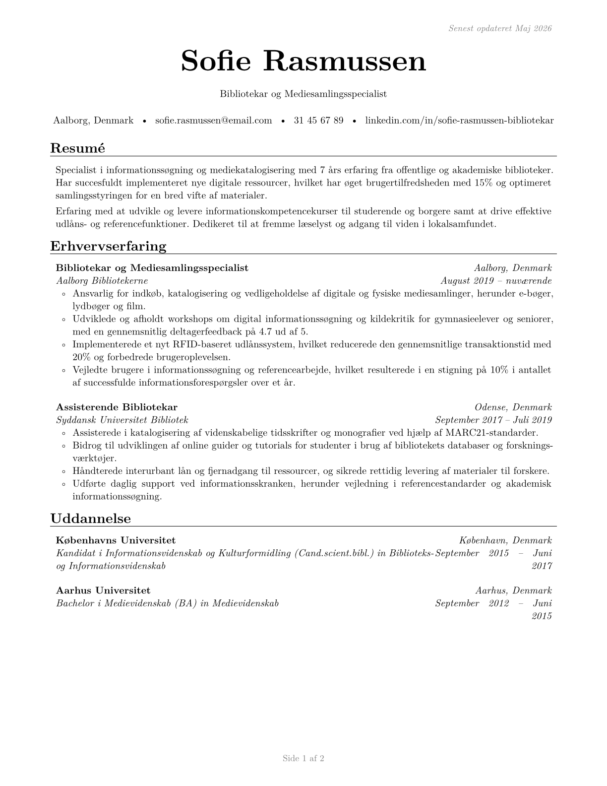 Librarians and Media Collections Specialists CV in Danish — page 1