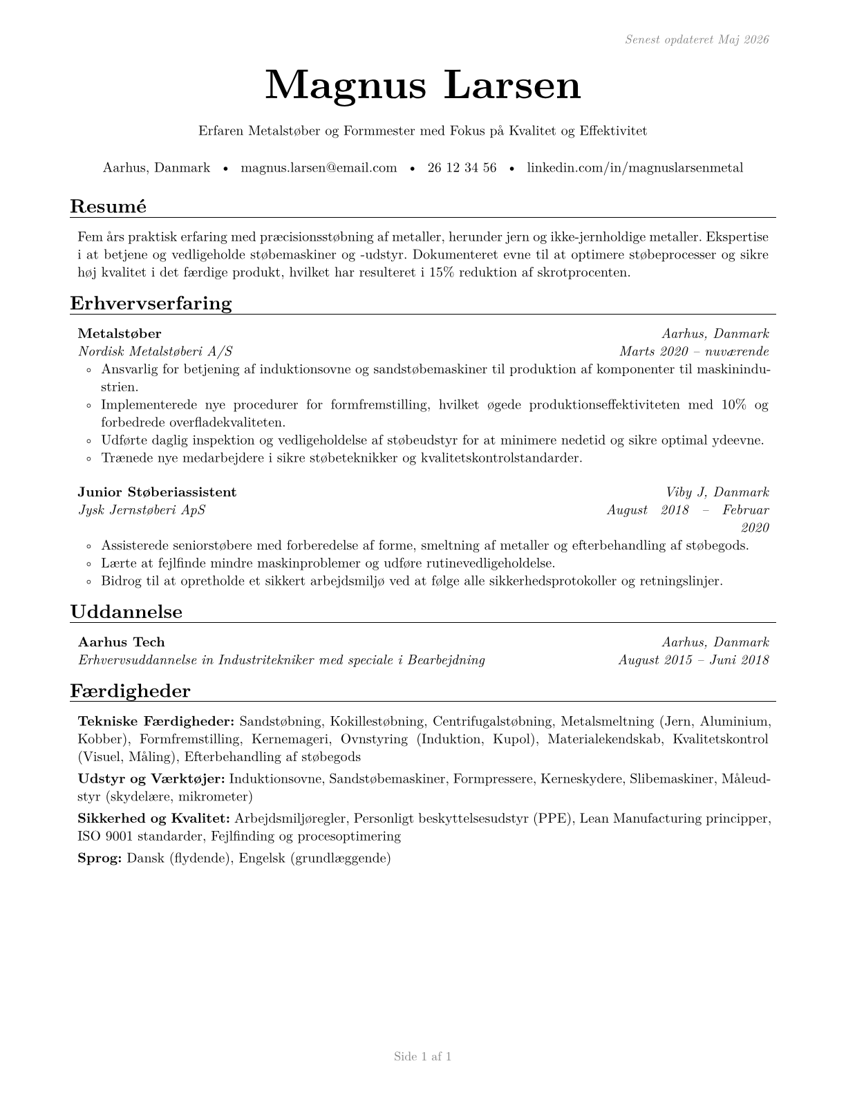 Pourers and Casters, Metal CV in Danish — page 1