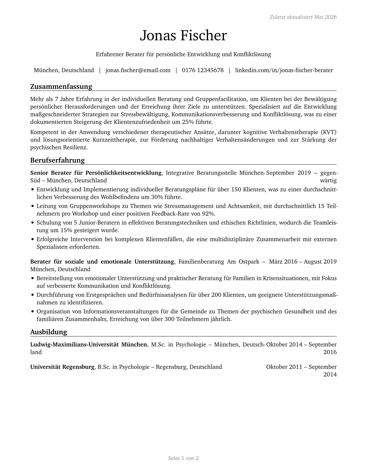 Counselors, All Other CV in German — page 1