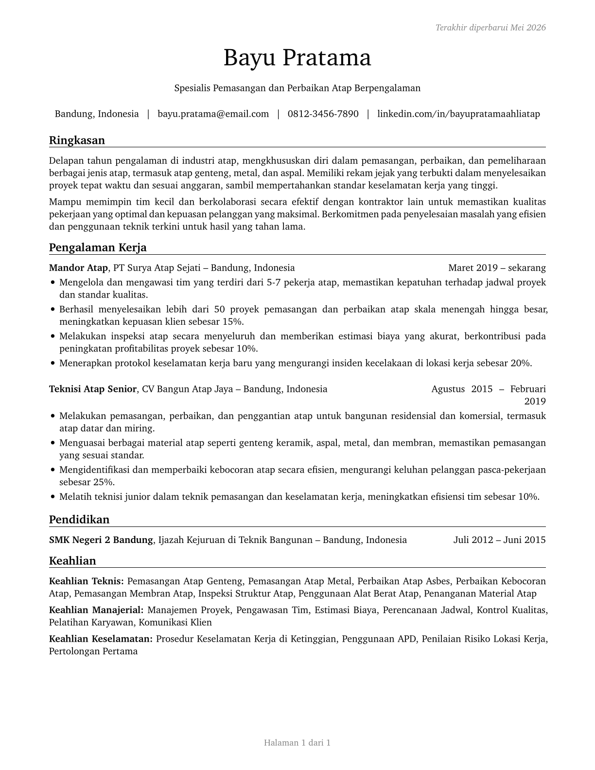 Roofers CV in Indonesian — page 1