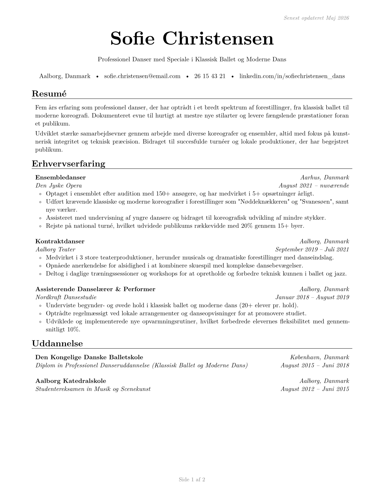 Dancers CV in Danish — page 1