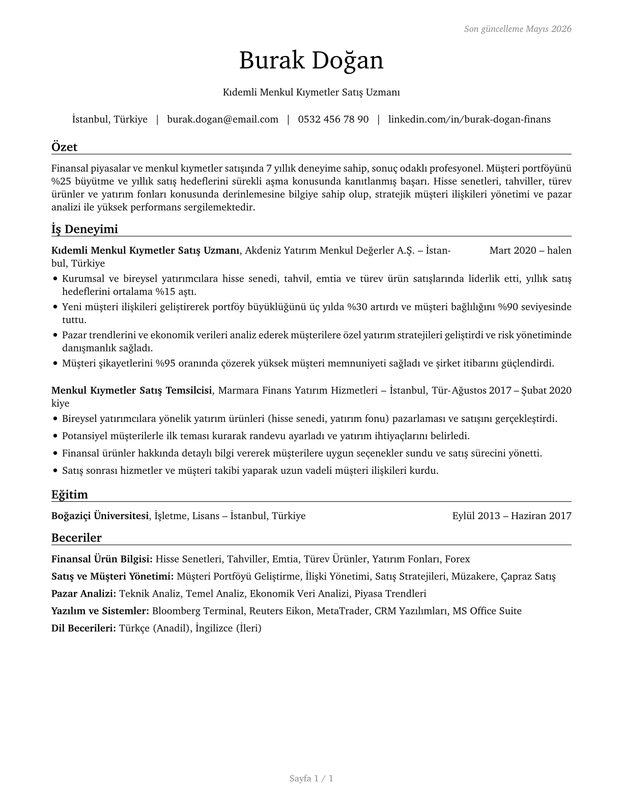Securities, Commodities, and Financial Services Sales Agents CV in Turkish — page 1