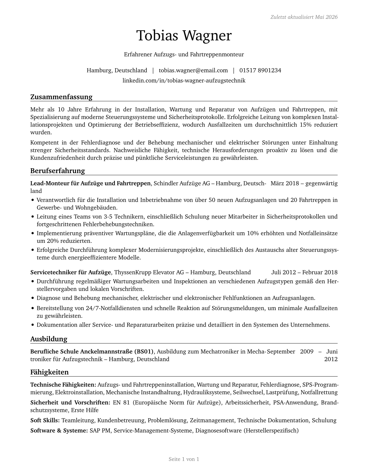 Elevator and Escalator Installers and Repairers CV in German — page 1