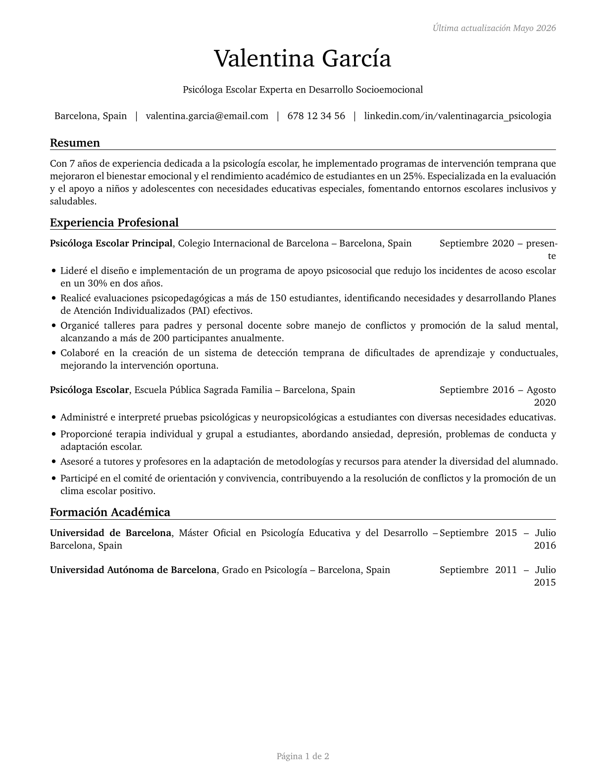 School Psychologists CV in Spanish — page 1