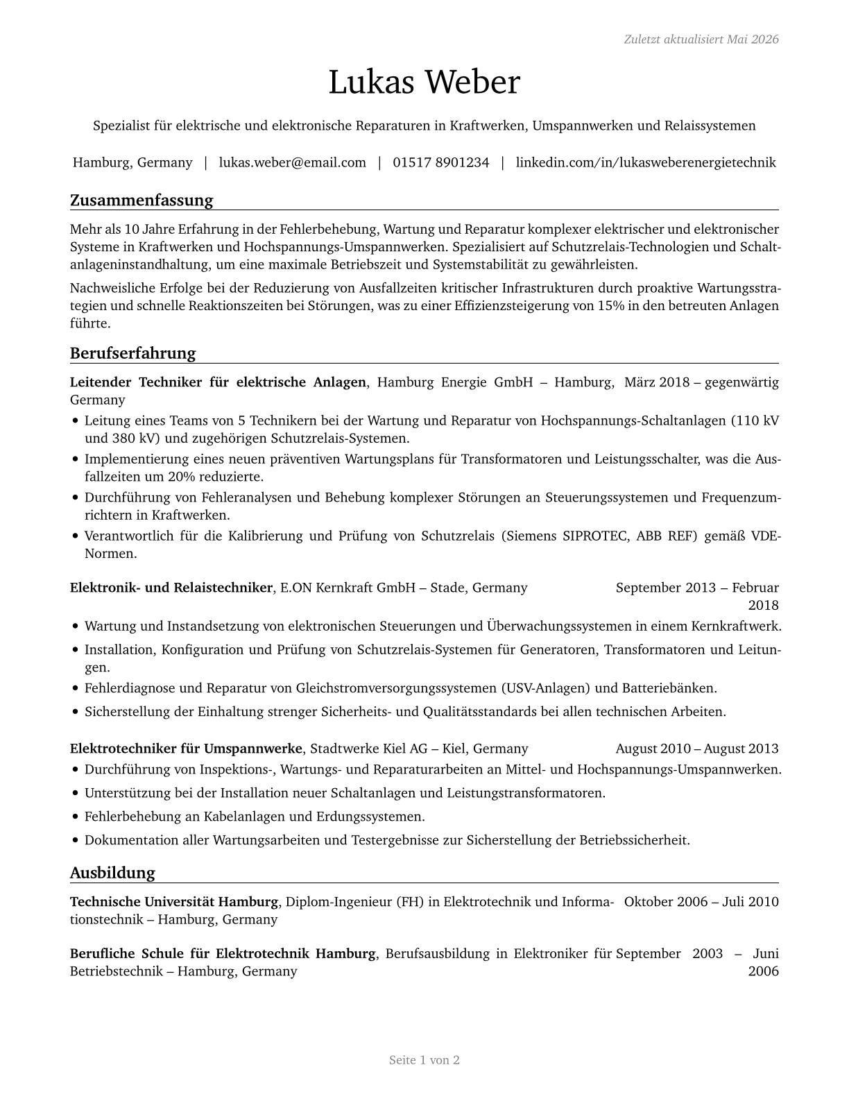 Electrical and Electronics Repairers, Powerhouse, Substation, and Relay CV in German — page 1