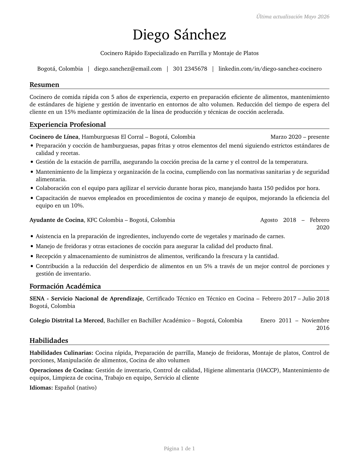 Cooks, Fast Food CV in Spanish — page 1