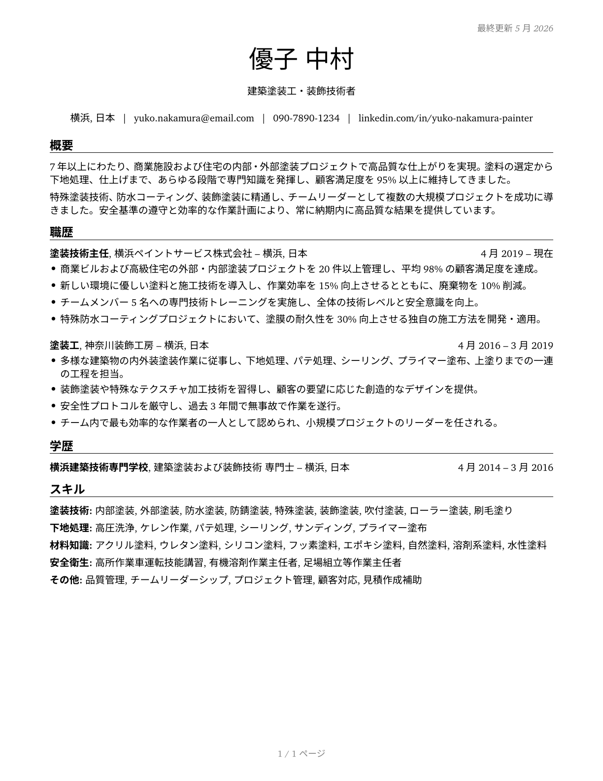 Painting, Coating, and Decorating Workers CV in Japanese — page 1