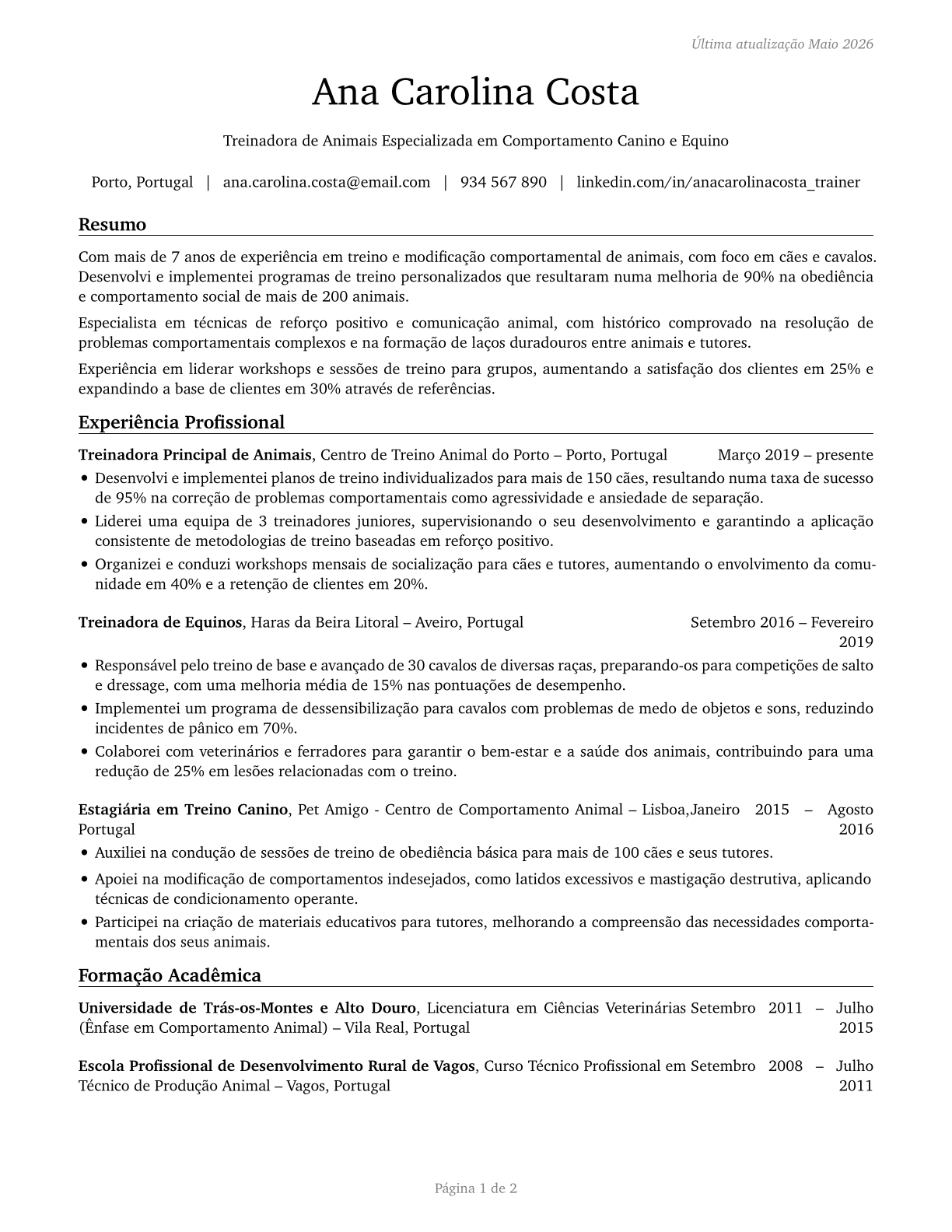 Animal Trainers CV in Portuguese — page 1