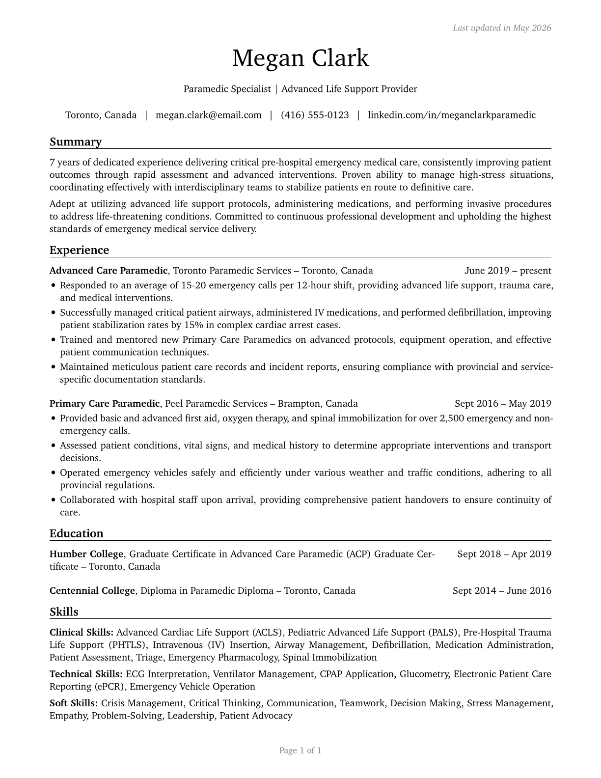 Paramedics CV in English — page 1