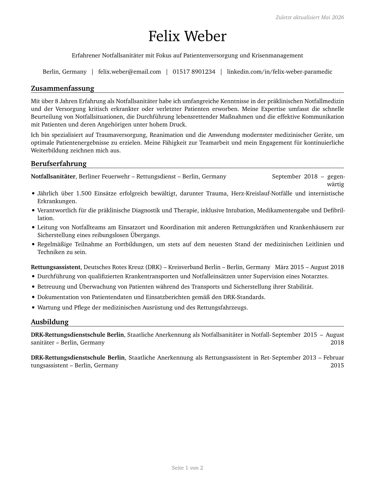 Paramedics CV in German — page 1