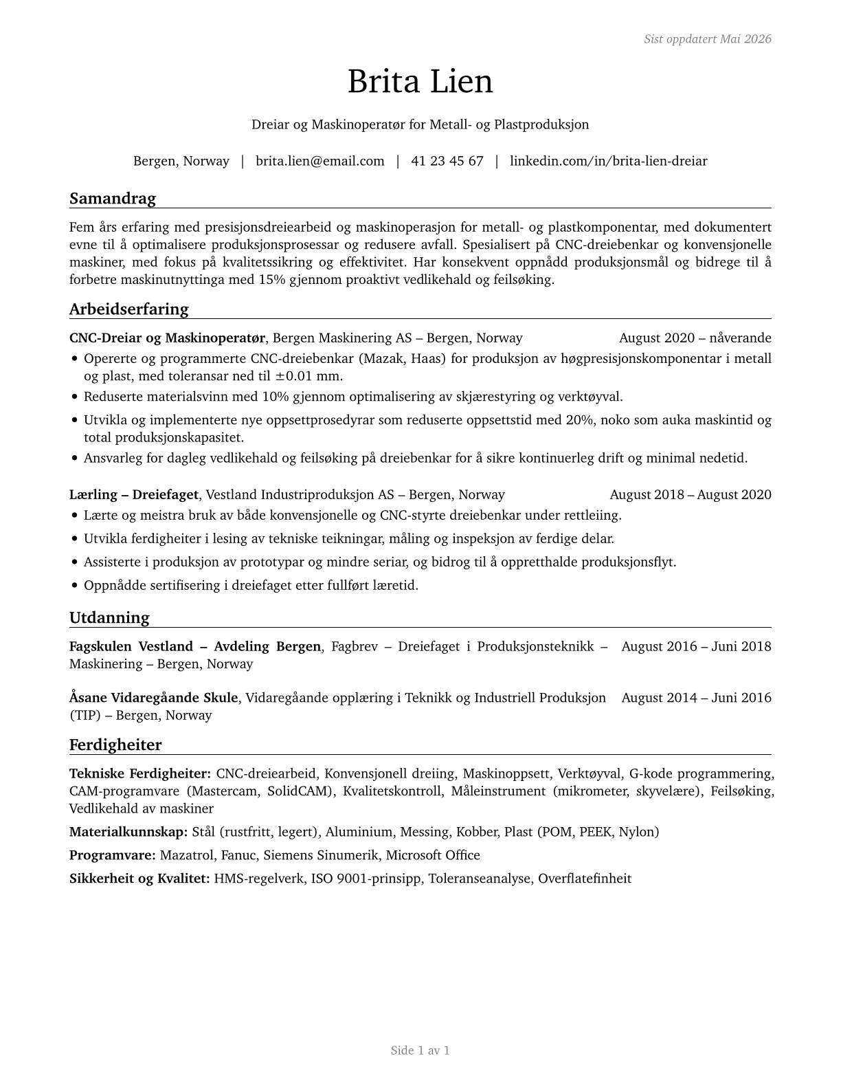 Lathe and Turning Machine Tool Setters, Operators, and Tenders, Metal and Plastic CV in Norwegian_nynorsk — page 1