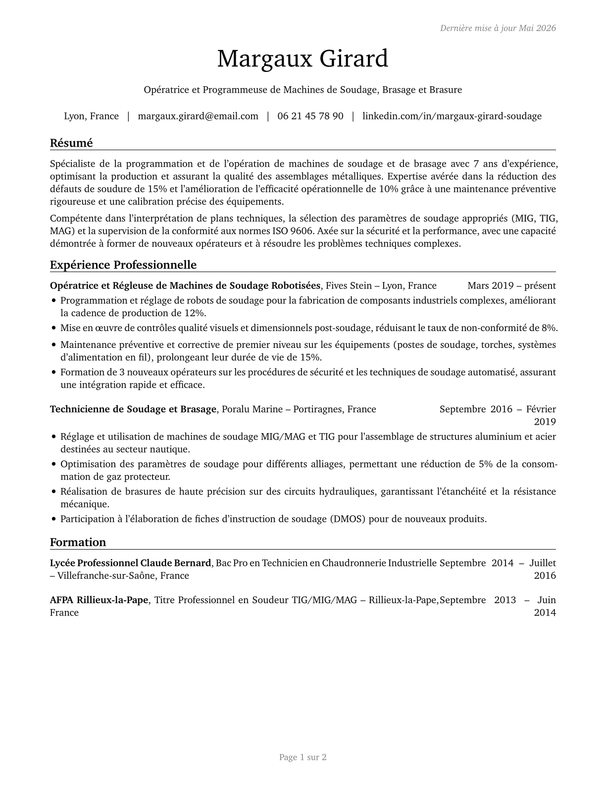 Welding, Soldering, and Brazing Machine Setters, Operators, and Tenders CV in French — page 1