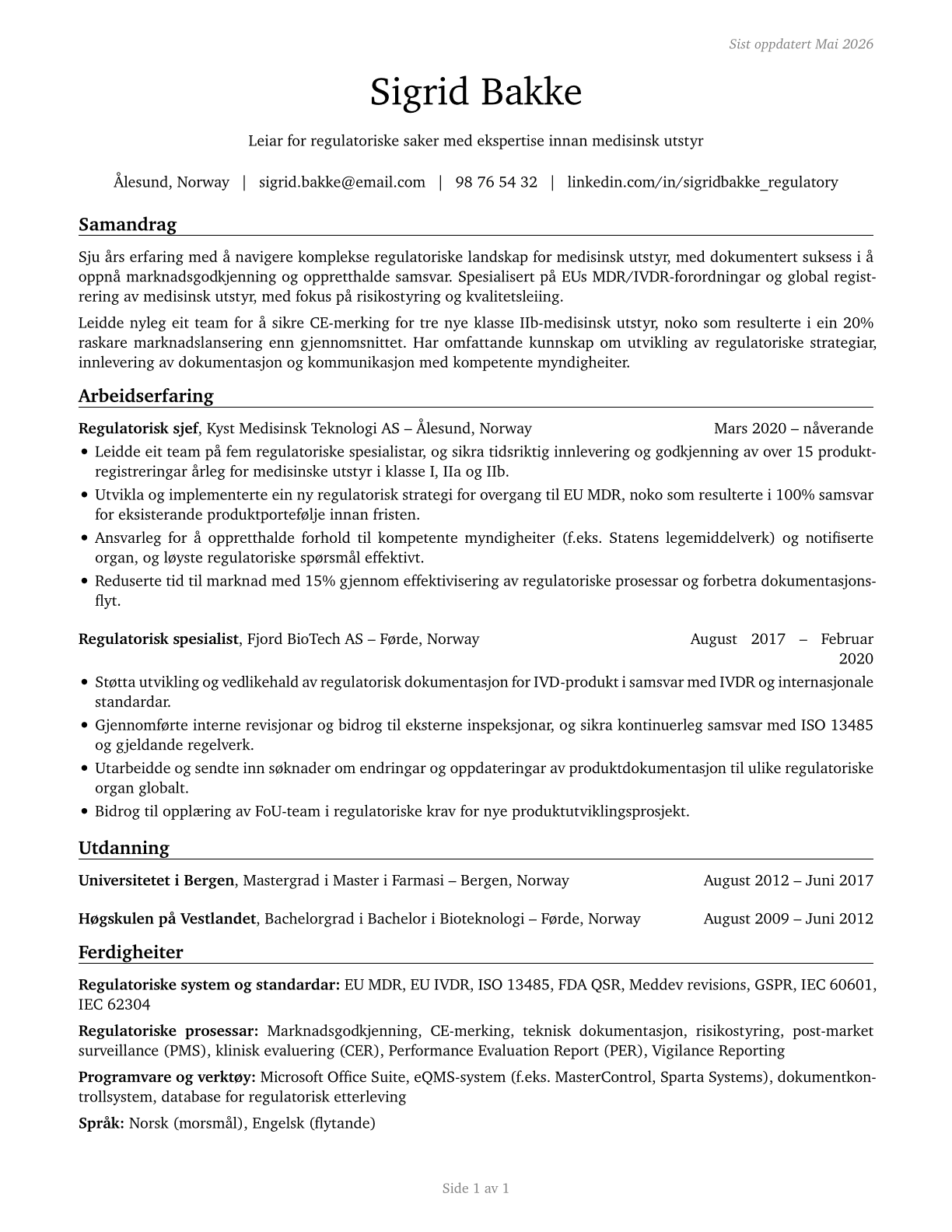 Regulatory Affairs Managers CV in Norwegian_nynorsk — page 1