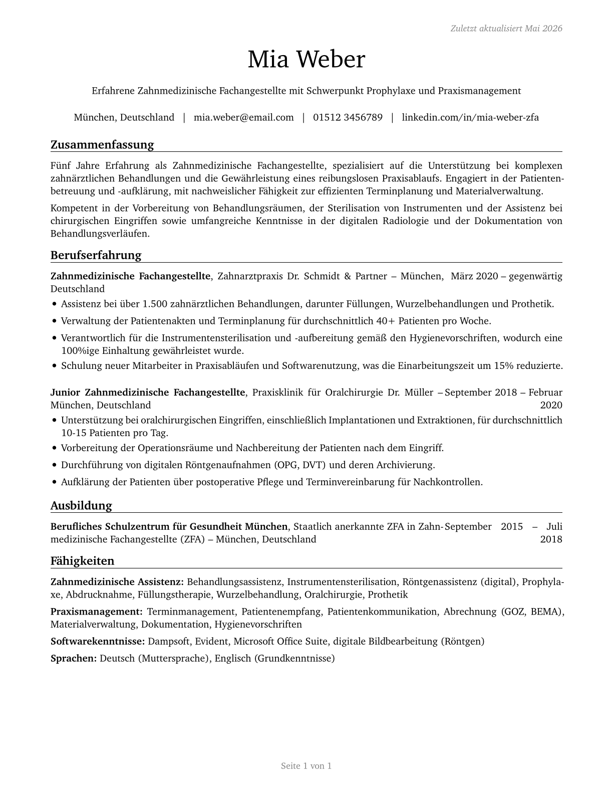 Dental Assistants CV in German — page 1