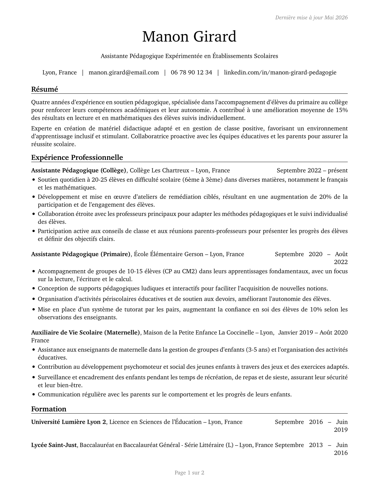 Teaching Assistants, Preschool, Elementary, Middle, and Secondary School, Except Special Education CV in French — page 1